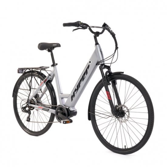 Hyper Bicycles Electric Bicycle, 700c Men\'s Matte Gray Mid-Drive, 36 Volt Battery, 20+ Mile Range