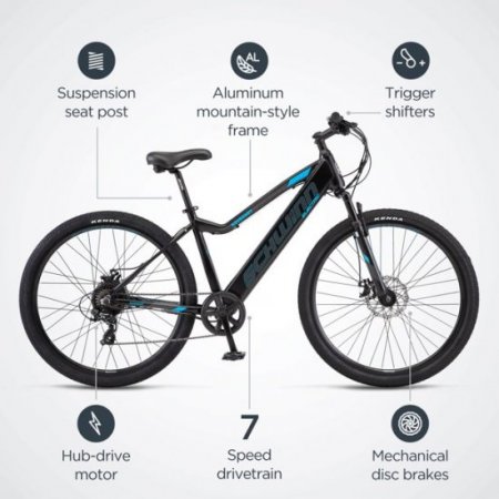 Schwinn Boundary ELECTRIC Mountain Bike, 29-inch wheels, 7 speeds, 250-watt pedal assist motor, black