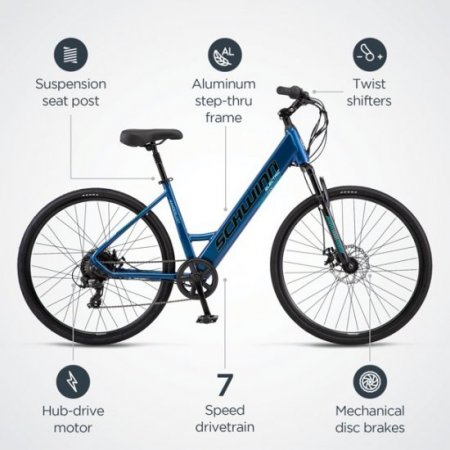 Schwinn Wanderlust Hybrid Electric Bicycle, 700c Wheels, 7 Speeds, 250-Watt Pedal Assist Motor, Blue